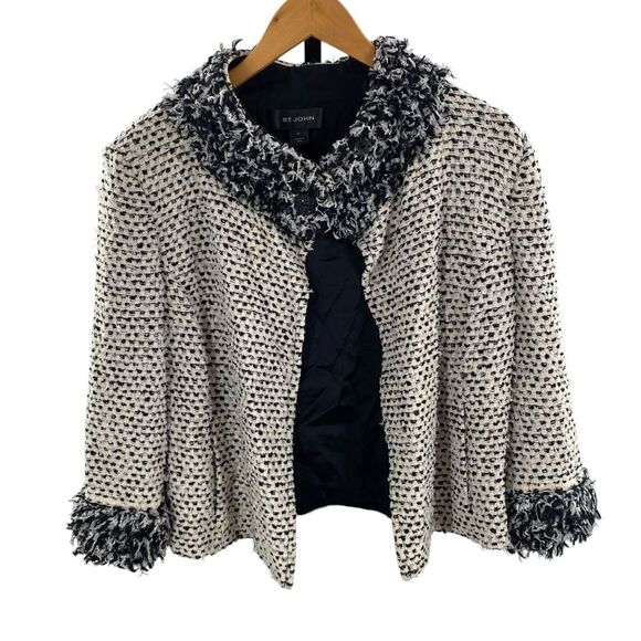 St. John Women’s 10 Fringe Trim‎ Boucle Tweed Blazer Overcoat Cream Black Artsy - Picture 1 of 11